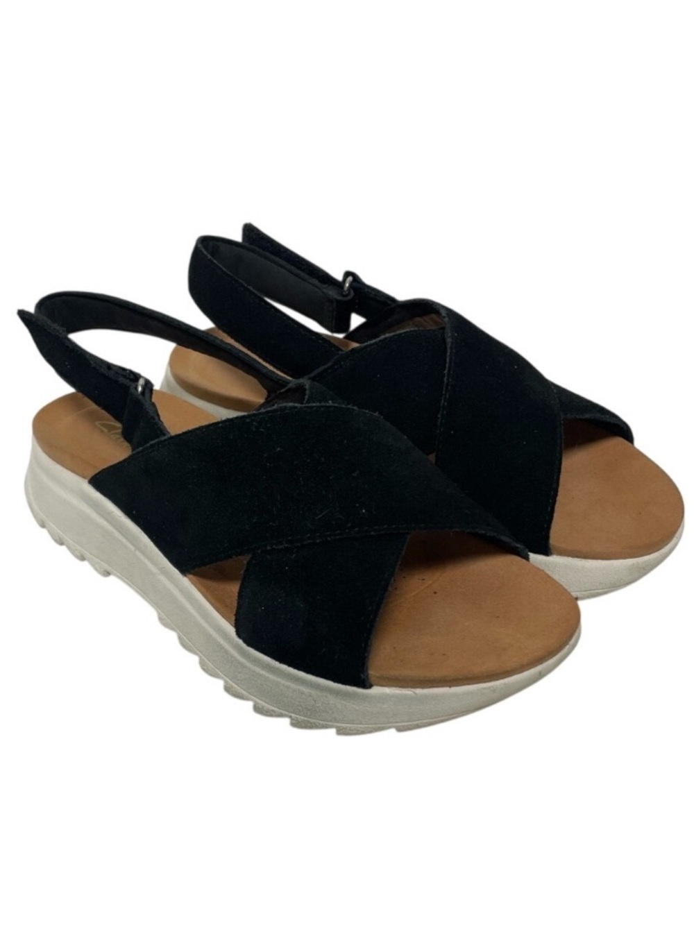 CLARKS, Black suede Cross-Strap Slingback Platform Sandals